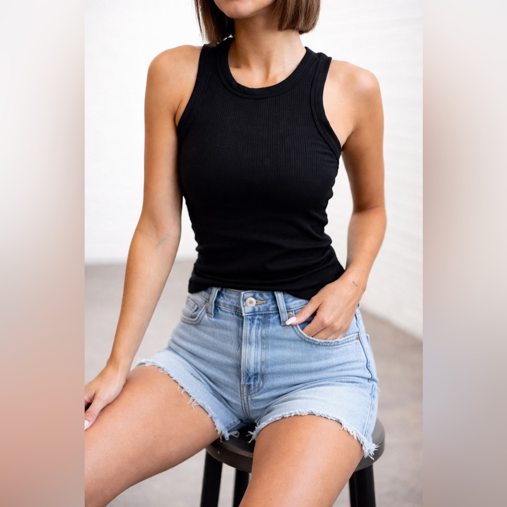Savvi Sophia Black Ribbed Tank Top High Neck Racerback Fitted Size Small